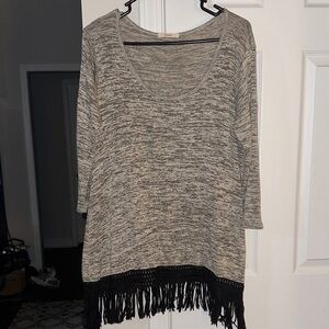 Easel Gray and Black Fringe Tunic Top